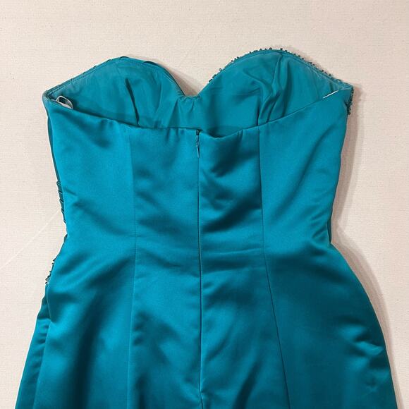 David's Bridal Satin A Line Draped Gown Beaded Neckline Strapless Turquoise - Picture 10 of 13